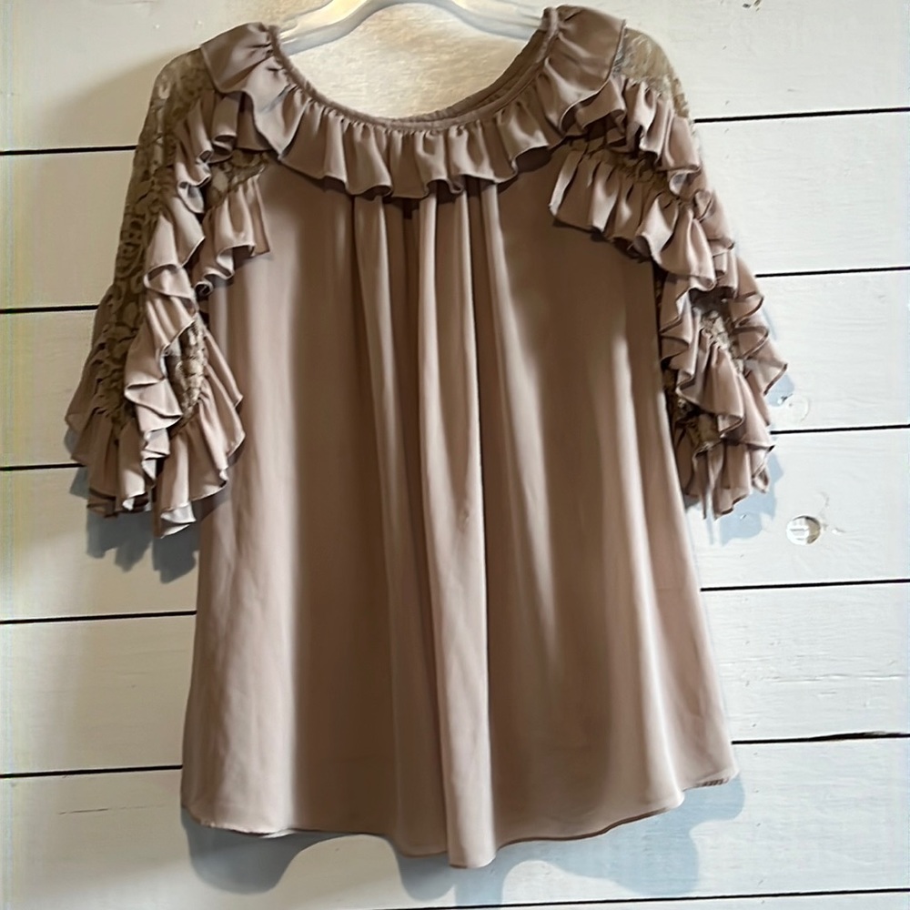 Womens large sheer top with ruffles and lace.